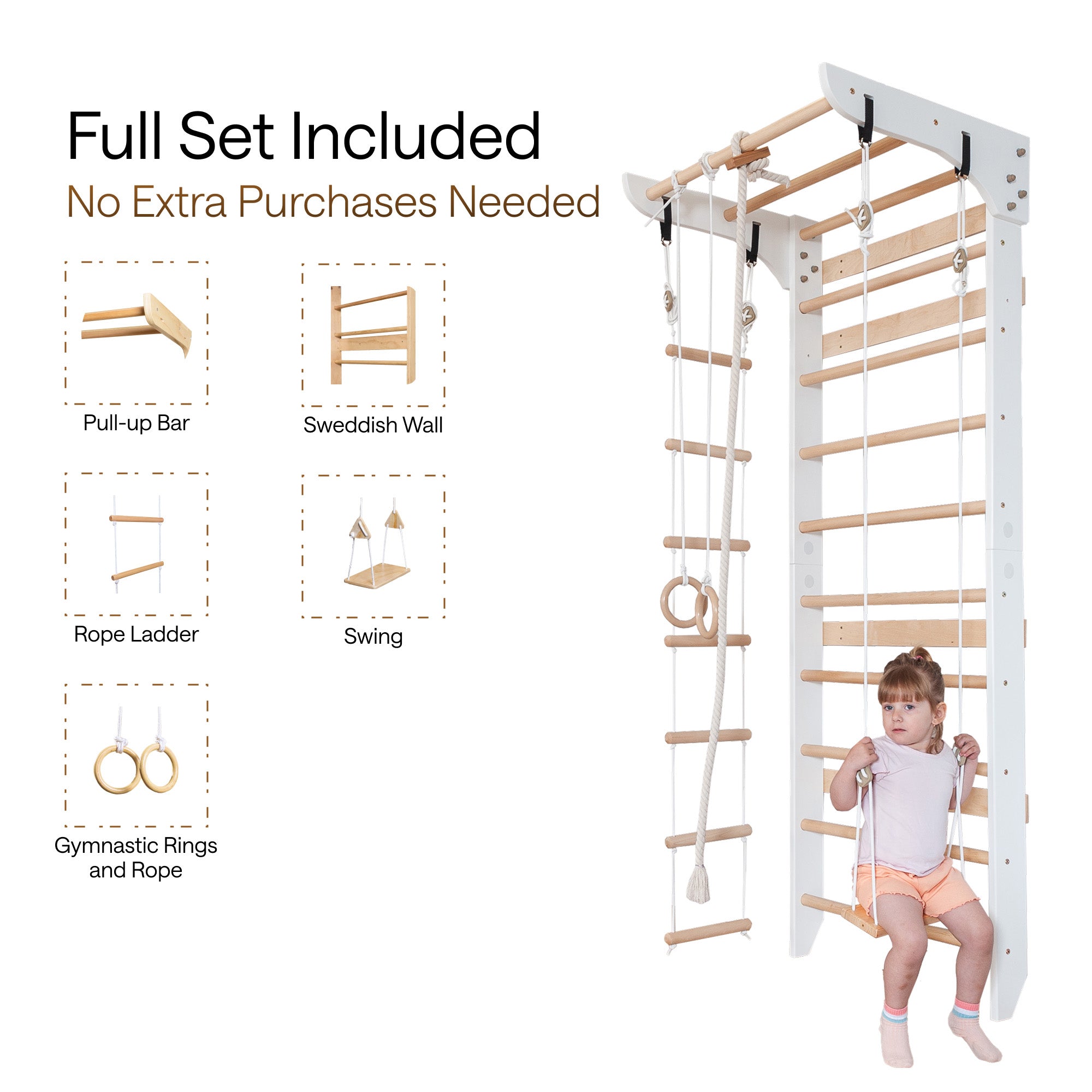 Wooden Swedish Ladder Wall Set Kinder 2, Stall Bar, Indoor Jungle