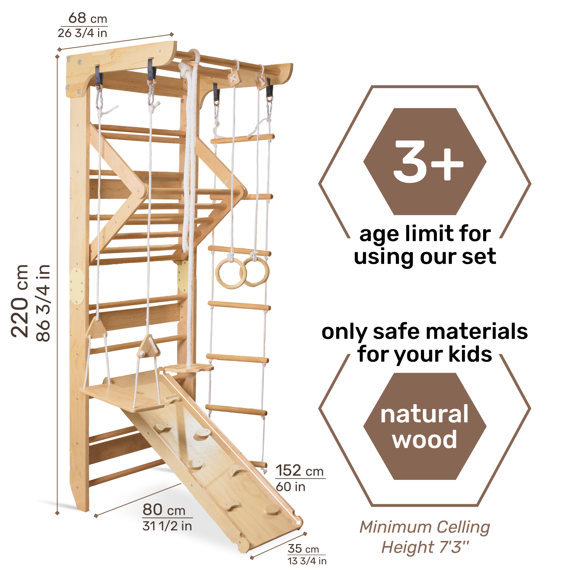 Wooden Swedish Ladder Wall Set Sport 3 Stall Bar Indoor Jungle Gym Wedanta Kids